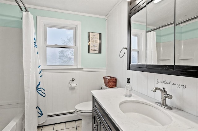 93 Lincoln Ave, Ashburnham, MA 01430 - bathroom with crown molding, tile patterned flooring, a baseboard heating unit, toilet, and vanity