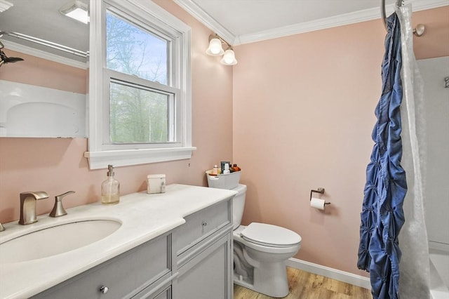 93 Lincoln Ave, Ashburnham, MA 01430 - full bath featuring wood finished floors, ornamental molding, vanity, toilet, and a shower with curtain