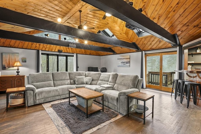 93 Lincoln Ave, Ashburnham, MA 01430 - living room with wood ceiling, hardwood / wood-style flooring, and a skylight
