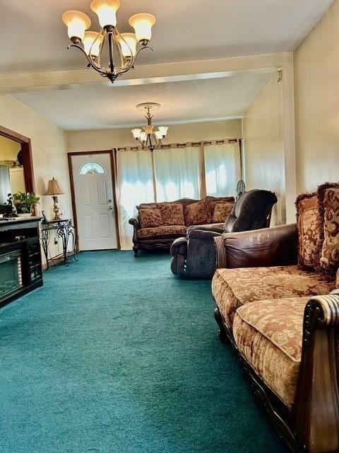 carpeted living room with beamed ceiling and an inviting chandelier