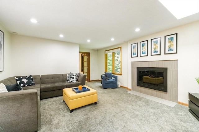 21 Birch Ln, Northampton, MA 01062 - living area featuring recessed lighting, a tile fireplace, carpet, and baseboards