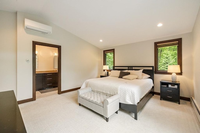 21 Birch Ln, Northampton, MA 01062 - bedroom featuring a wall unit AC, lofted ceiling, light colored carpet, a baseboard heating unit, and baseboards