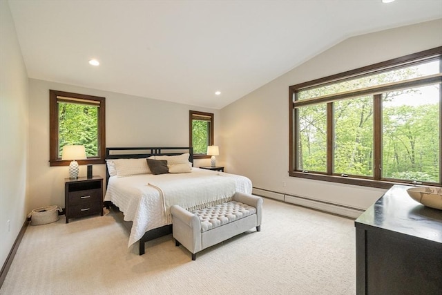 21 Birch Ln, Northampton, MA 01062 - bedroom featuring a baseboard heating unit, vaulted ceiling, recessed lighting, light colored carpet, and baseboards