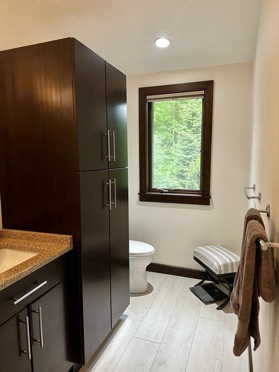 21 Birch Ln, Northampton, MA 01062 - bathroom with toilet, wood finished floors, vanity, baseboards, and recessed lighting