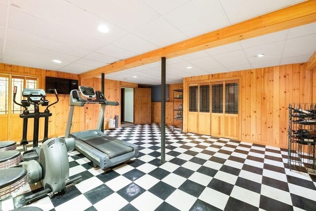 21 Birch Ln, Northampton, MA 01062 - exercise room featuring tile patterned floors, wood walls, recessed lighting, and baseboards