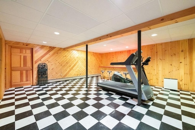 21 Birch Ln, Northampton, MA 01062 - workout room with tile patterned floors, wood walls, recessed lighting, and baseboards