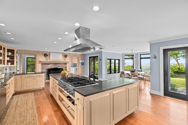 kitchen with island range hood, a healthy amount of sunlight, and light wood-type flooring