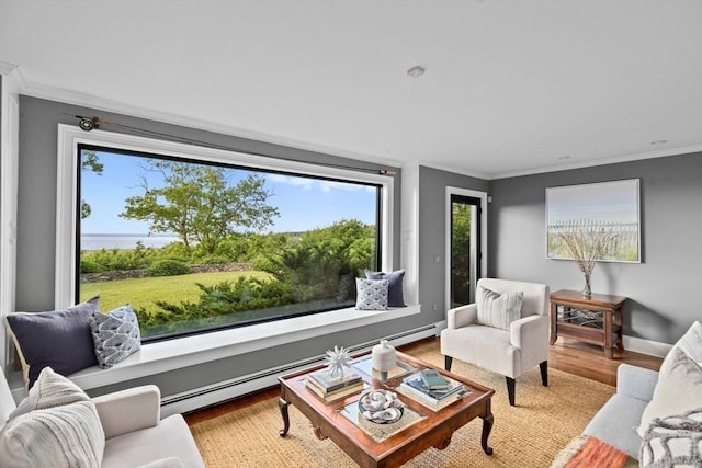 living room featuring a baseboard heating unit, hardwood / wood-style flooring, and crown molding