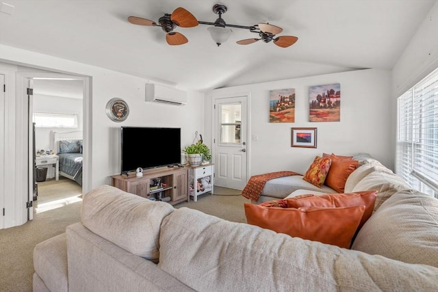 living area featuring lofted ceiling, an AC wall unit, ceiling fan, and carpet flooring