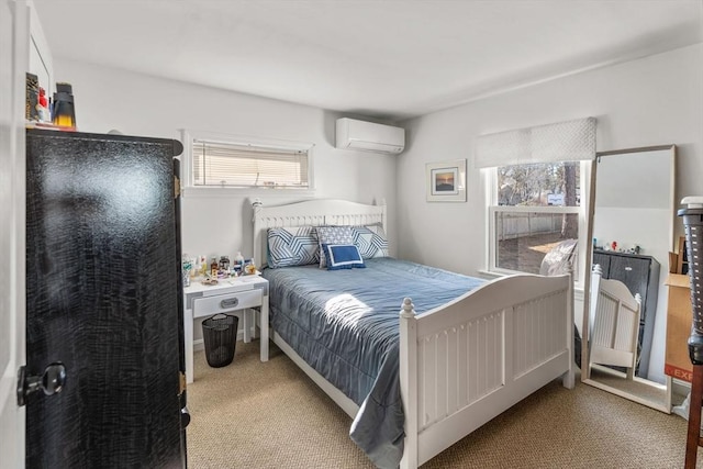 carpeted bedroom featuring a wall unit AC