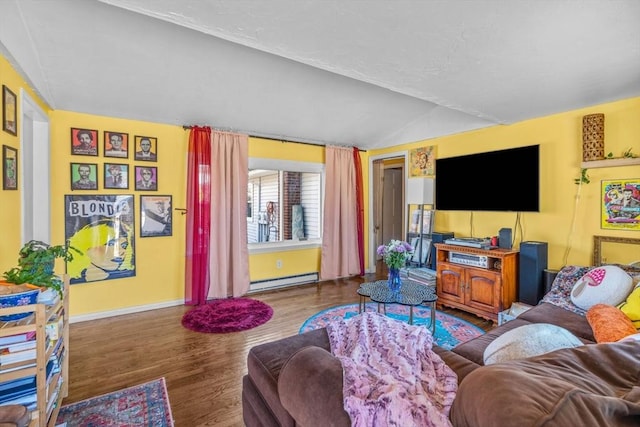 living area featuring a baseboard heating unit, wood finished floors, lofted ceiling, and baseboards