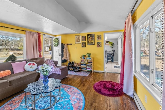 living area with vaulted ceiling, baseboard heating, wood finished floors, and baseboards