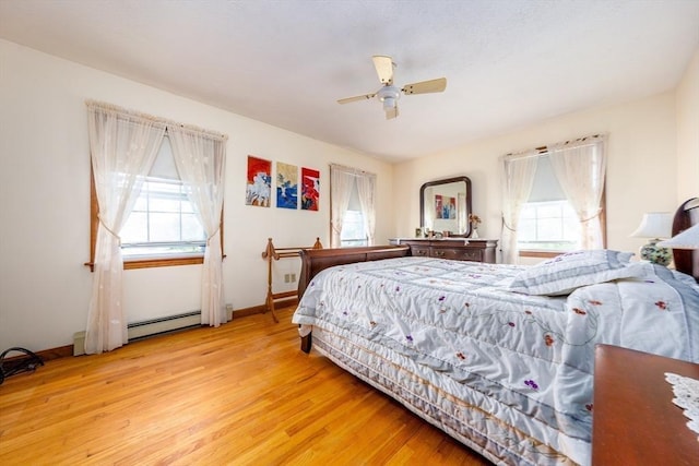 bedroom with ceiling fan, light hardwood / wood-style floors, and a baseboard radiator