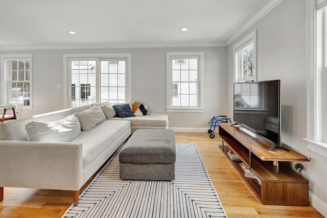 living room with ornamental molding and light hardwood / wood-style floors