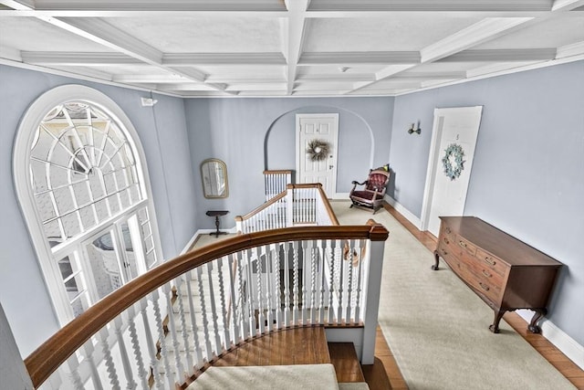 646 Jerusalem Rd Unit 7, Cohasset, MA 02025 - staircase featuring coffered ceiling, baseboards, and beamed ceiling