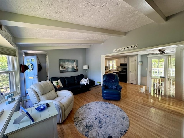 39 Pine Grove Rd, Yarmouth, MA 02664 - living room with beamed ceiling, light wood finished floors, plenty of natural light, a textured ceiling, and ceiling fan