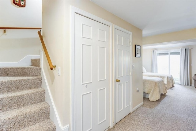 stairs with baseboards and carpet flooring