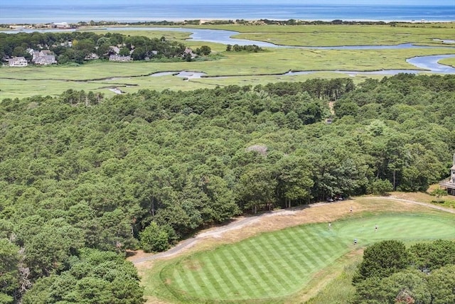 bird's eye view with a water view, a forest view, and golf course view
