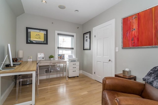 office with recessed lighting, light wood finished floors, and baseboards