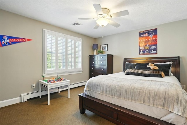 carpeted bedroom featuring visible vents, a baseboard radiator, baseboards, and ceiling fan
