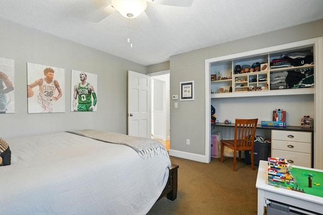 bedroom featuring a ceiling fan, baseboards, and carpet