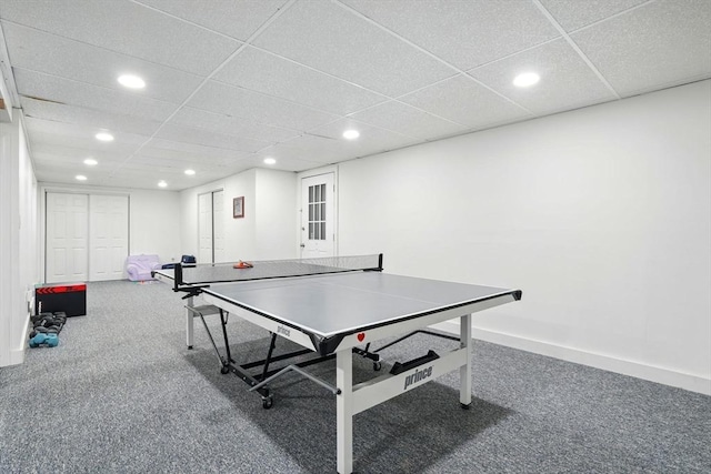 playroom featuring recessed lighting, baseboards, carpet floors, and a drop ceiling