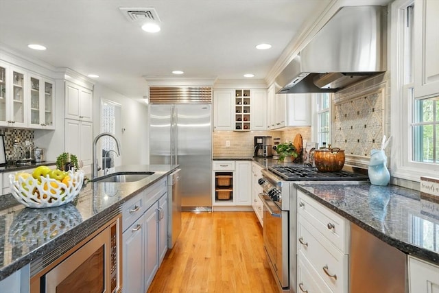 kitchen featuring wall chimney range hood, backsplash, a sink, built in appliances, and white cabinetry