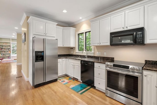 138 Worcester Ln, Waltham, MA 02451 - kitchen featuring black appliances, a sink, crown molding, white cabinetry, and light wood finished floors