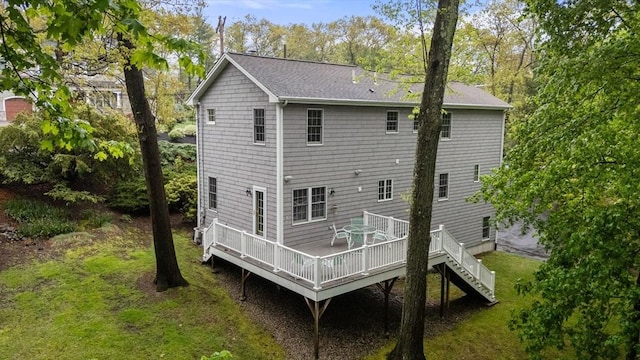 138 Worcester Ln, Waltham, MA 02451 - rear view of property with a wooden deck and a shingled roof