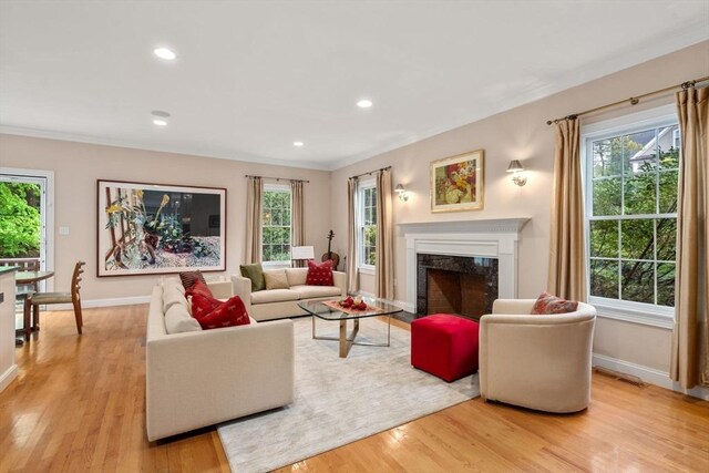 138 Worcester Ln, Waltham, MA 02451 - living room featuring light wood-style floors, baseboards, a high end fireplace, recessed lighting, and crown molding