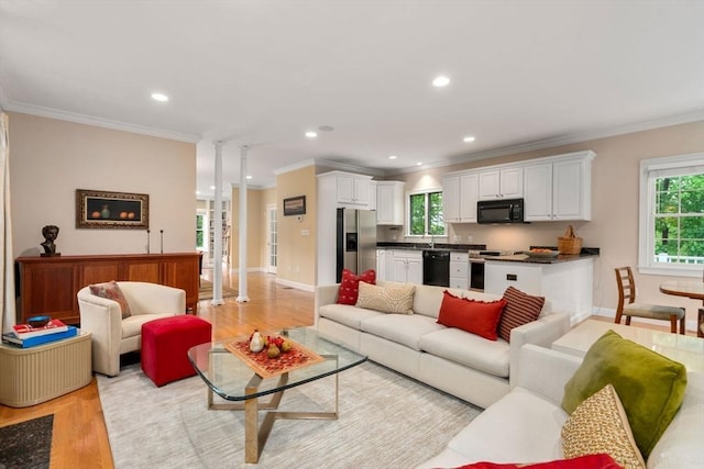 138 Worcester Ln, Waltham, MA 02451 - living area with light wood-type flooring, ornamental molding, recessed lighting, and baseboards