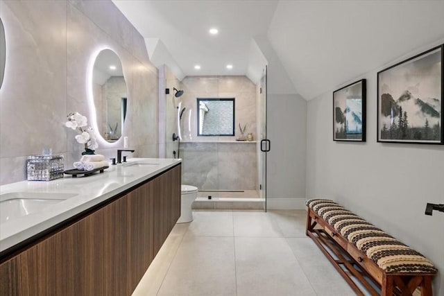 116 Thorndike Rd, Brookline, MA 02446 - bathroom featuring double vanity, a stall shower, and tile patterned floors