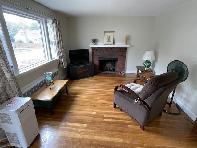 45 Leonard St, Dedham, MA 02026 - living area with a brick fireplace, light wood-style flooring, and radiator