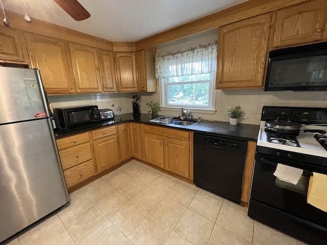 45 Leonard St, Dedham, MA 02026 - kitchen featuring black appliances, tasteful backsplash, dark countertops, light tile patterned floors, and a ceiling fan