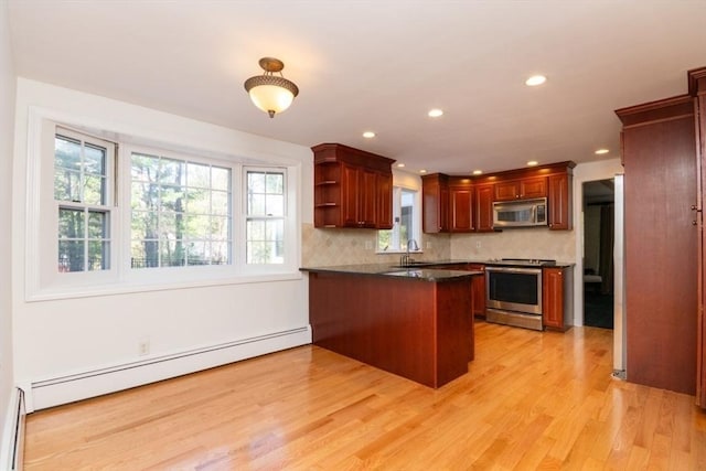kitchen with a sink, a peninsula, light wood-style floors, a baseboard radiator, and appliances with stainless steel finishes