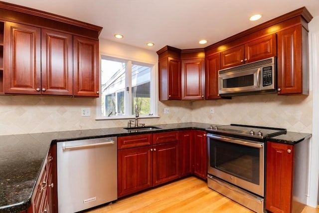 kitchen with reddish brown cabinets, light wood-type flooring, tasteful backsplash, a sink, and stainless steel appliances