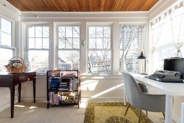 home office with ornamental molding, wood ceiling, and carpet floors