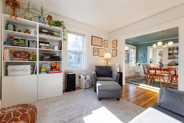 living area featuring radiator, a notable chandelier, ornamental molding, and wood finished floors