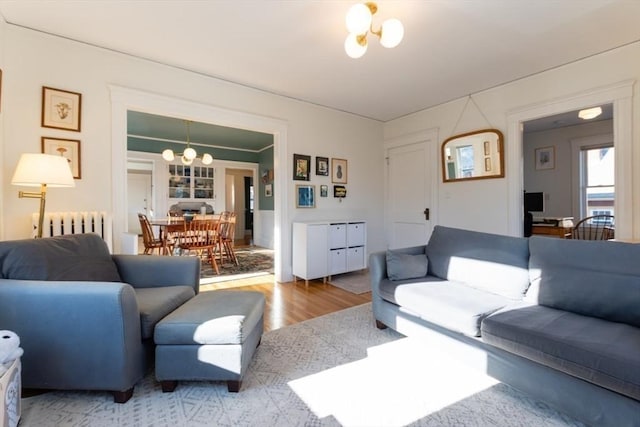 living area with a chandelier, radiator heating unit, and wood finished floors