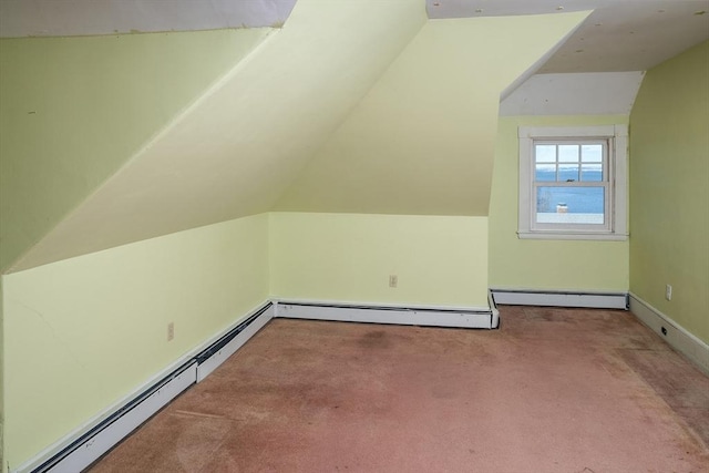 bonus room with lofted ceiling, carpet flooring, and a baseboard radiator