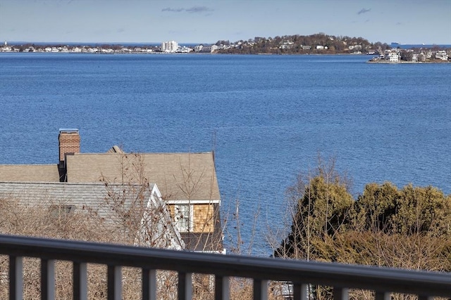 view of water feature with a dock