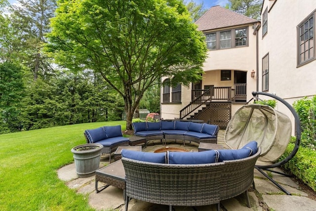 85 Gate House Rd, Newton, MA 02467 - view of patio featuring an outdoor living space and stairway