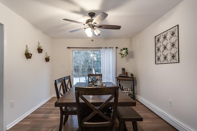 dining room featuring ceiling fan, dark hardwood / wood-style floors, and a baseboard heating unit