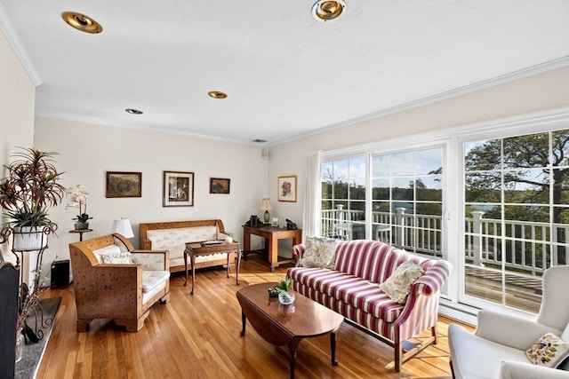 living room featuring ornamental molding, light wood-type flooring, a baseboard heating unit, and recessed lighting