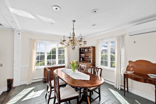 dining space featuring a wall mounted air conditioner, a chandelier, crown molding, a baseboard heating unit, and baseboards