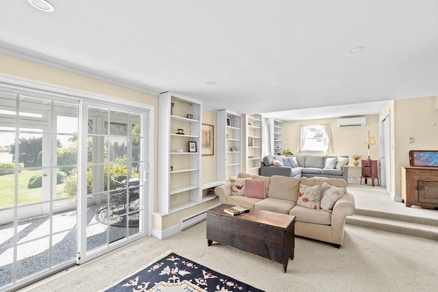 carpeted living area featuring a wall mounted AC, baseboards, and a baseboard radiator