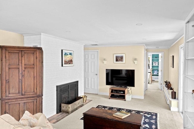 living room featuring light carpet, a brick fireplace, crown molding, and baseboards