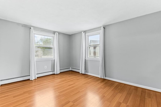 unfurnished room with light wood finished floors and baseboards
