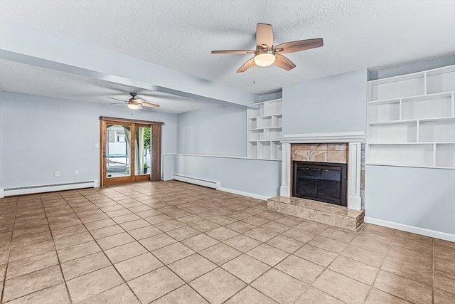 unfurnished living room featuring a baseboard heating unit, a baseboard radiator, a ceiling fan, a textured ceiling, and baseboards