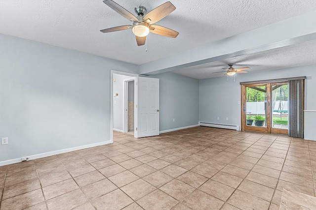 unfurnished room with a baseboard heating unit, ceiling fan, a textured ceiling, light tile patterned floors, and baseboards